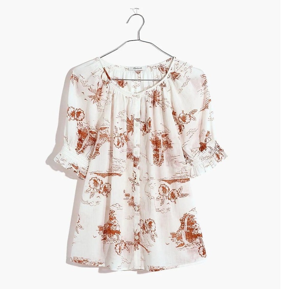 Madewell Cotton Peasant Blouse‎ Tropical Print Smocked Puff Sleeve Size S Small